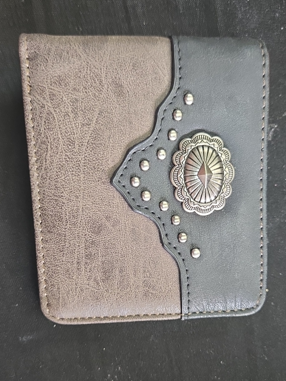 Brown and Black Studded Bifold Wallet with Concho Accent